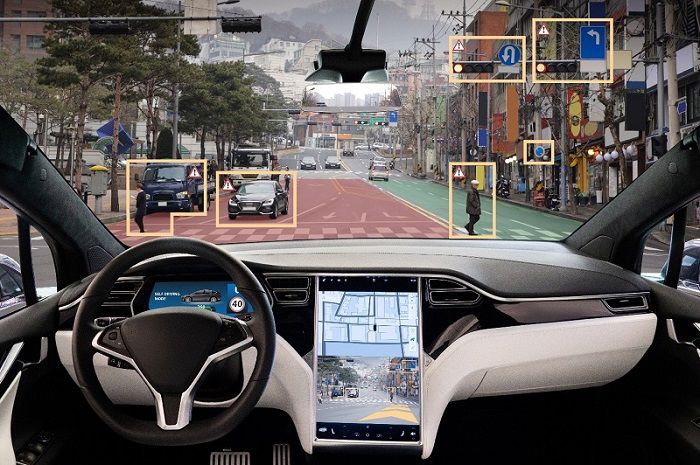 A view from inside a car through the front windscreen. Various hazards and signs are highlighted as if the windscreen has a smart overlay.